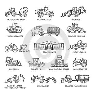 Set line icons of tractors. The set of Agricultural machinery.