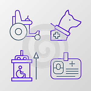 Set line Identification badge, Elevator for disabled, Guide dog and Electric wheelchair icon. Vector