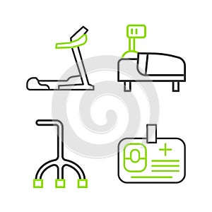 Set line Identification badge, Walking stick cane, Hospital bed and Treadmill machine icon. Vector