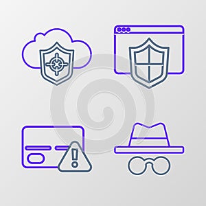 Set line Incognito mode, Credit card, Browser with shield and Cloud and icon. Vector