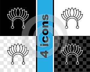 Set line Indian headdress with feathers icon isolated on black and white, transparent background. Native american