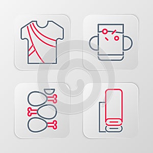 Set line Indian textile fabric, Tandoori chicken, Cup of tea leaf and man dress icon. Vector