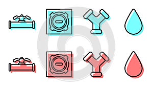 Set line Industry metallic pipe, Industry pipe and valve, Manhole sewer cover and Water drop icon. Vector