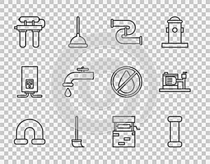 Set line Industry metallic pipe, Mop, Water filter, tap, Well and Electric water pump icon. Vector