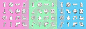 Set line Industry metallic pipe, Toilet bowl, Well, Broken with leaking water, Rubber plunger, and icon. Vector