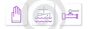 Set line Industry metallic pipes and valve, Gloves and Fishing boat on water icon. Vector