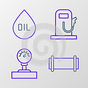 Set line Industry pipe, Gauge scale, Petrol or gas station and Oil drop icon. Vector