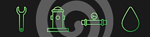 Set line Industry pipe and manometer, Wrench spanner, Fire hydrant and Water drop. Gradient color icons. Vector