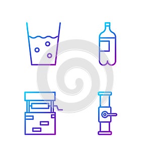 Set line Industry pipe and valve, Well, Glass with water and Bottle of water. Gradient color icons. Vector