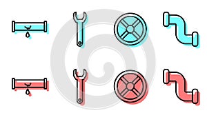 Set line Industry valve, Broken pipe with leaking water, Wrench spanner and Industry metallic pipe icon. Vector