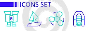 Set line Inflatable boat with motor, Boat propeller, Yacht sailboat and Binoculars icon. Vector