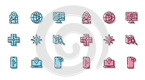 Set line Infographic of city map navigation, Laptop with location marker, Folded, Wind rose, Road traffic sign and