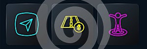 Set line Infographic of city map navigation, Location with person and Toll road traffic sign. Black square button