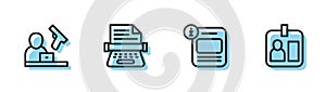 Set line Information, Crime news, Retro typewriter and Journalist id card icon. Vector