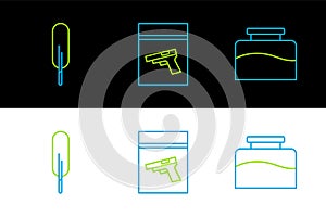 Set line Inkwell, Feather pen and Evidence bag and pistol or gun icon. Vector