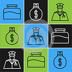 Set line Inkwell, Police officer and Money bag icon. Vector