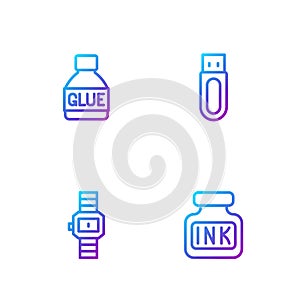 Set line Inkwell, Wrist watch, Glue and USB flash drive. Gradient color icons. Vector