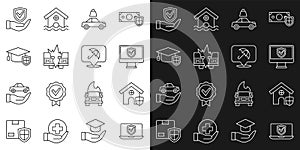Set line Insurance online, House with shield, Car insurance, accident, Graduation cap, Shield hand and Umbrella icon