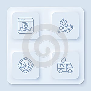 Set line Internet piracy, Burning car, Headshot and TV News. White square button. Vector