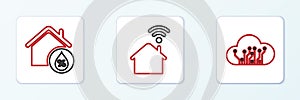 Set line Internet of things, House humidity and Smart home with wi-fi icon. Vector