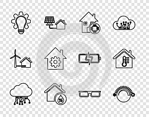 Set line Internet of things, Thermostat, Smart home, House humidity, Light bulb and gear, settings, Glasses and