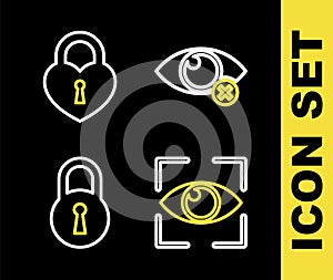 Set line Invisible or hide, Eye scan, Lock and Castle in the shape of heart icon. Vector