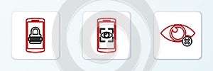 Set line Invisible or hide, Mobile and password and eye scan icon. Vector