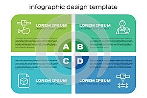 Set line Isometric cube file, 3D printer chicken leg, wrench spanner and Graphic designer. Business infographic template