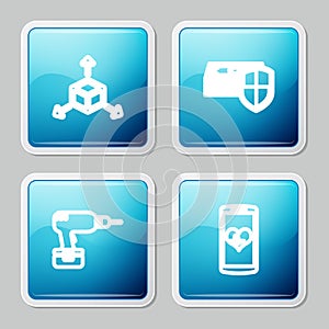 Set line Isometric cube, Money protection, Drill machine and Smartphone with heart rate icon. Vector