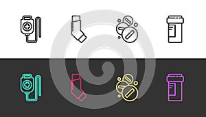 Set line IV bag, Inhaler, Medicine pill or tablet and bottle on black and white. Vector