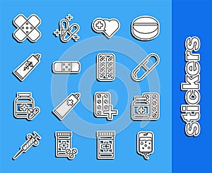 Set line IV bag, Medicine bottle and pills, or tablet, Heart with cross, Bandage plaster, Ointment cream tube medicine