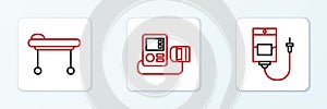 Set line IV bag, Stretcher and Blood pressure icon. Vector