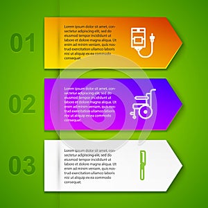 Set line IV bag, Wheelchair for disabled person, Medical saw and Blood pressure. Business infographic template. Vector