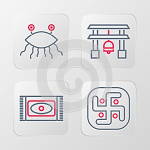 Set line Jainism, Traditional carpet, Japan Gate and Pastafarianism icon. Vector