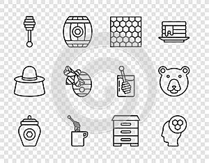 Set line Jar of honey, Beekeeper, Honeycomb, dipper stick with, Hive for bees, and Bear head icon. Vector