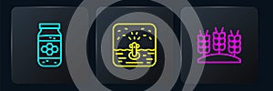 Set line Jar of honey, Wheat and Automatic irrigation sprinklers. Black square button. Vector
