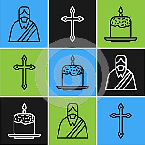 Set line Jesus Christ, Easter cake and candle and Christian cross icon. Vector