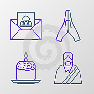 Set line Jesus Christ, Easter cake and candle, Hands in praying position and Greeting card with Happy icon. Vector