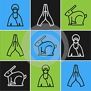 Set line Jesus Christ, Easter rabbit and Hands in praying position icon