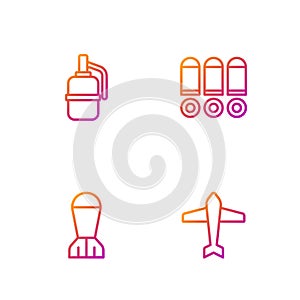 Set line Jet fighter, Aviation bomb, Hand grenade and Bullet. Gradient color icons. Vector