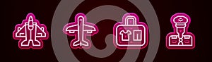 Set line Jet fighter, Plane, Suitcase and Pilot. Glowing neon icon. Vector
