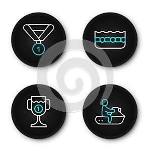 Set line Jet ski, Award cup, Swimming pool and Medal icon. Vector