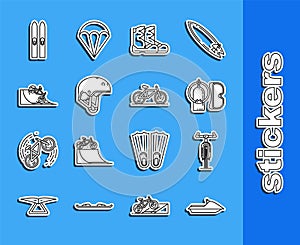 Set line Jet ski, Bicycle, Diving mask and aqualung, Boots, Helmet, on street ramp, Ski sticks and icon. Vector