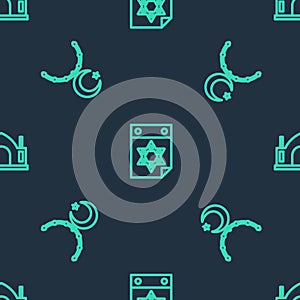 Set line Jewish calendar, Star and crescent on chain and Hindu spiritual temple on seamless pattern. Vector