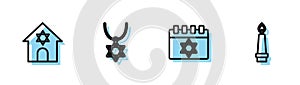 Set line Jewish calendar, synagogue, Star of David necklace on chain and Burning candle icon. Vector