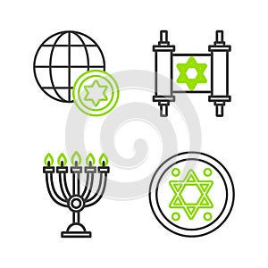 Set line Jewish coin, Hanukkah menorah, Torah scroll and World Globe and Israel icon. Vector