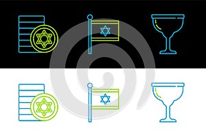 Set line Jewish goblet, coin and Flag of Israel icon. Vector