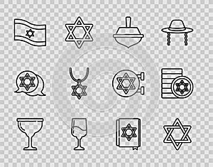 Set line Jewish goblet, Star of David, Hanukkah dreidel, Flag Israel, necklace on chain, torah book and coin icon
