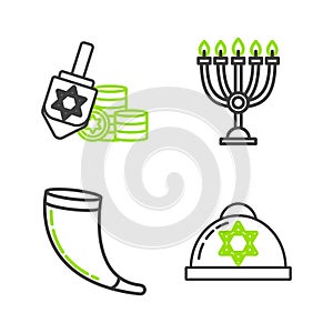 Set line Jewish kippah with star of david, Traditional ram horn, shofar, Hanukkah menorah and dreidel and coin icon