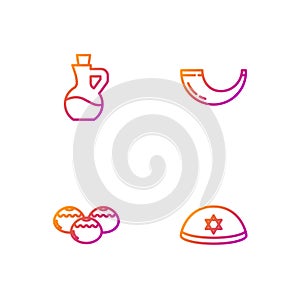 Set line Jewish kippah, sweet bakery, Bottle of olive oil and Traditional ram horn, shofar. Gradient color icons. Vector